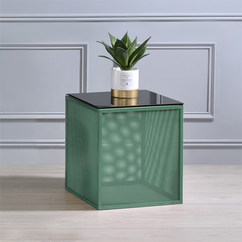 Bowery Hill Green Side Table with Tempered Glass Top and Steel Mesh