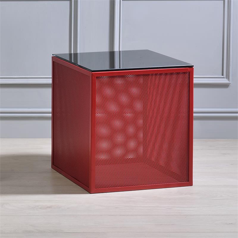 Bowery Hill Red Side Table with Tempered Glass Top and Steel Mesh
