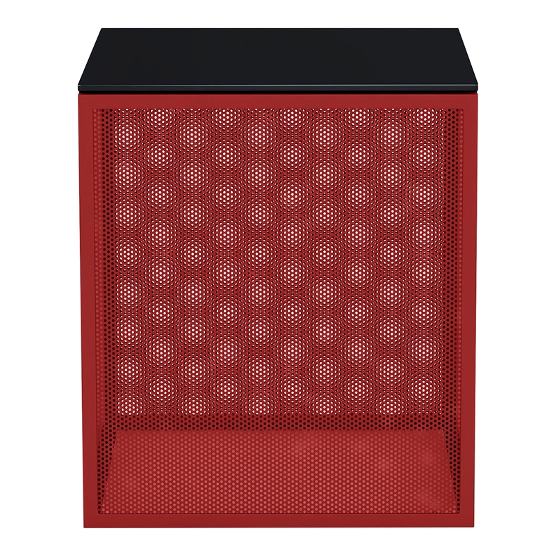 Bowery Hill Red Side Table with Tempered Glass Top and Steel Mesh