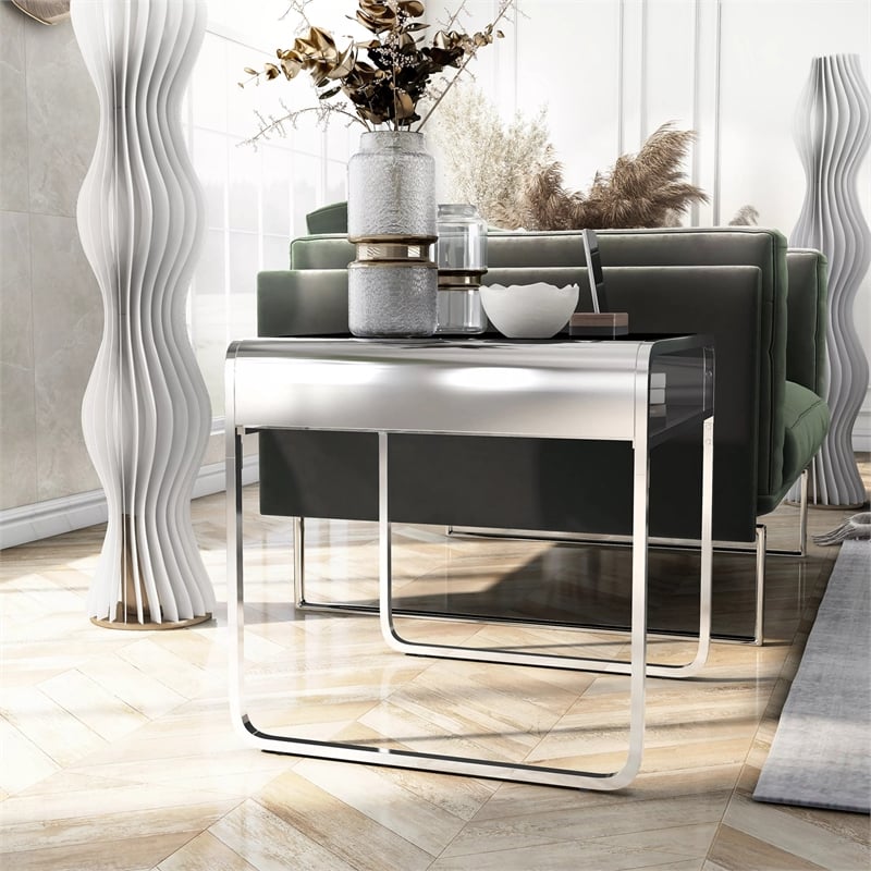 Bowery Hill Contemporary Glass and Chrome End Table with Mirrored Shelf
