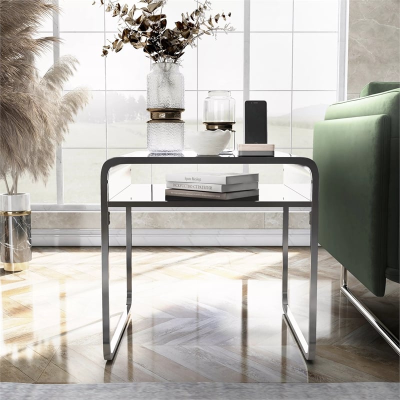 Bowery Hill Contemporary Glass and Chrome End Table with Mirrored Shelf