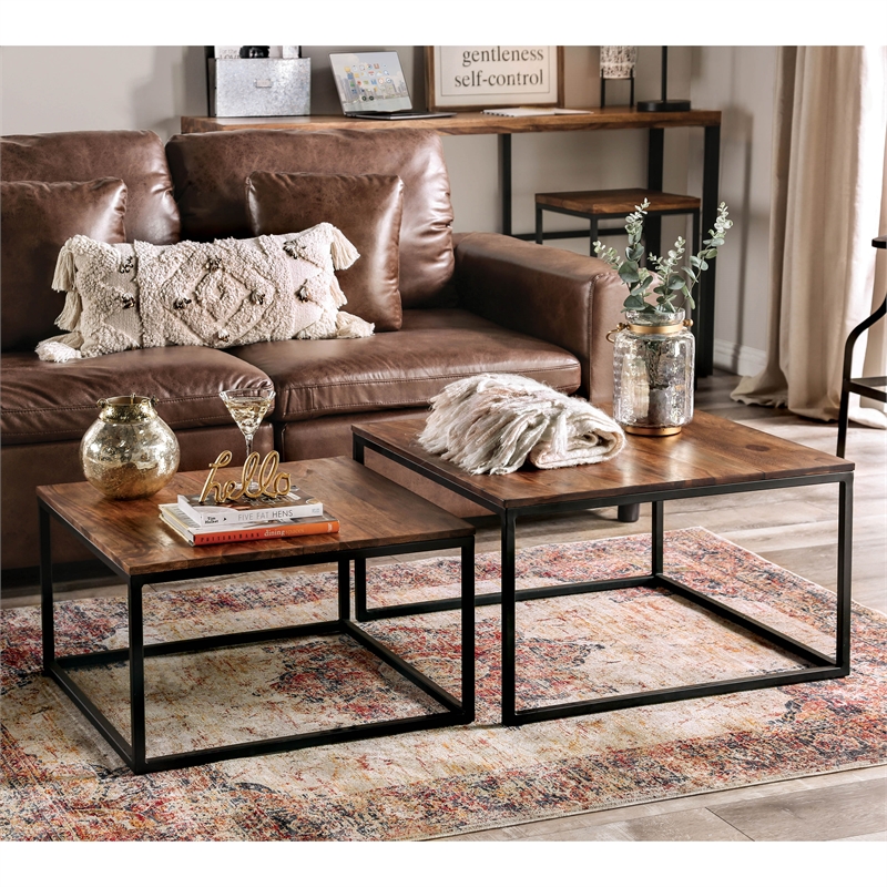 Bowery Hill Rustic Wood 2-Piece Nesting Table Set in Natural Oak