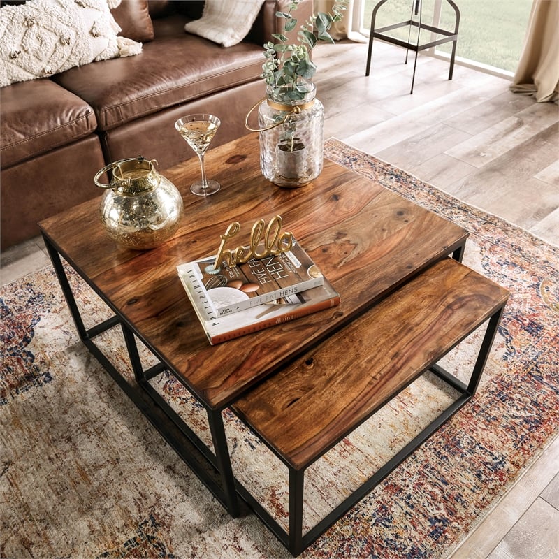Bowery Hill Rustic Wood 2-Piece Nesting Table Set in Natural Oak