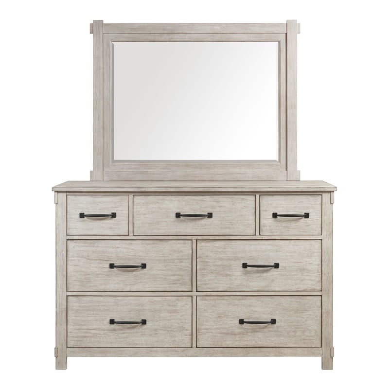 Bowery Hill 7-Drawer Wood Dresser with Mirror in White Distressed Finish