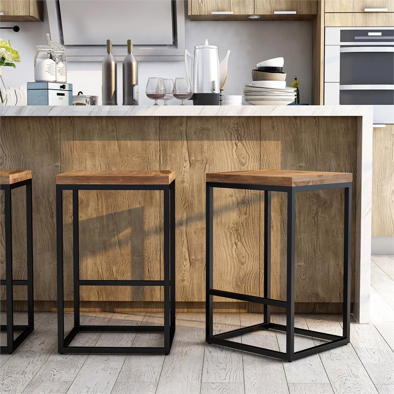 Bowery Hill Square Metal Barstool with Wood Seat in Golden Brown and Black