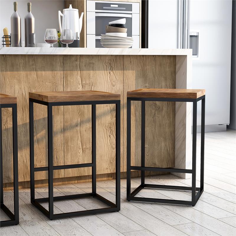 Bowery Hill Square Metal Barstool with Wood Seat in Golden Brown and Black