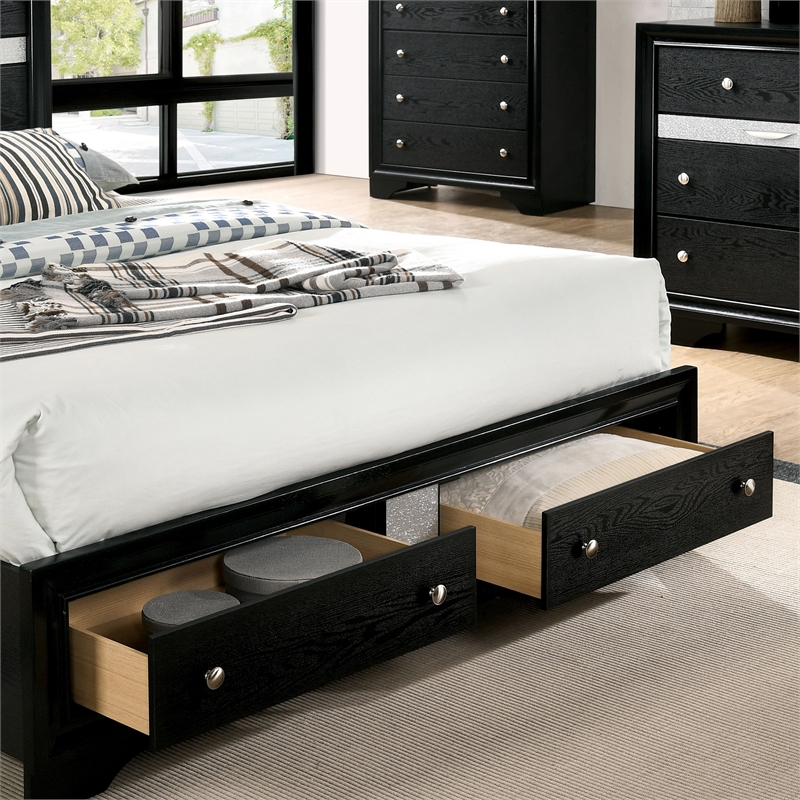 Bowery Hill Black 3-Piece Wood Bedroom Set with Queen Bed and Storage