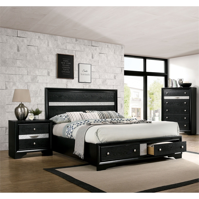 Bowery Hill Black 3-Piece Wood Bedroom Set with Queen Bed and Storage