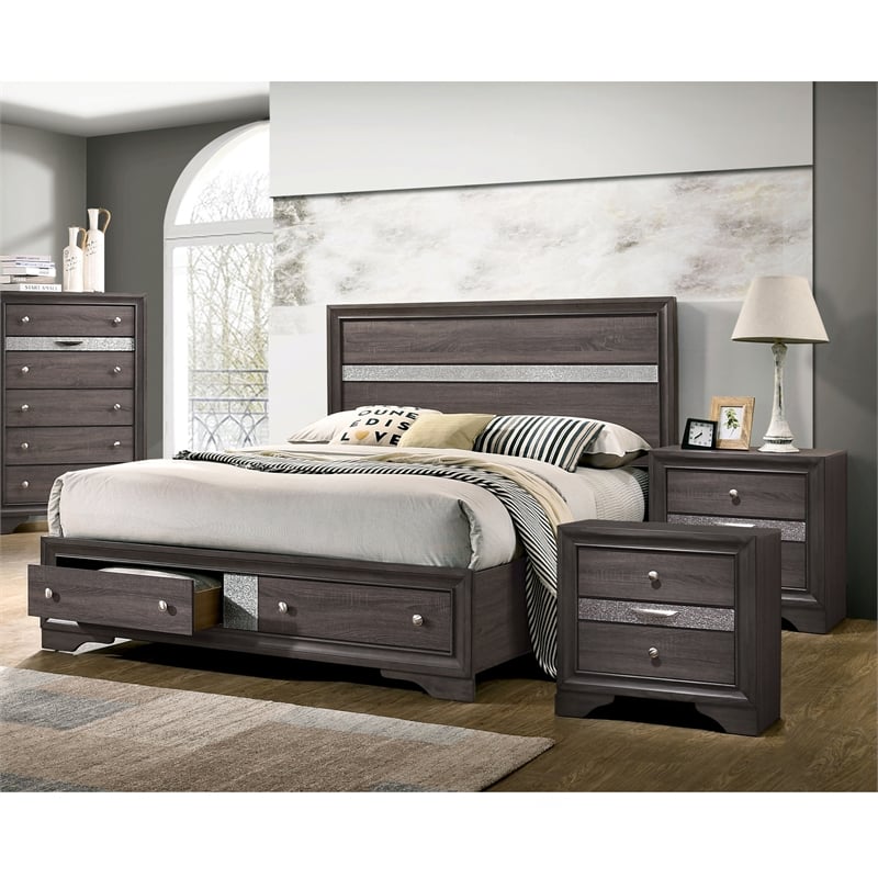 Bowery Hill Gray 3-Piece Wood Bedroom Set with King Bed and Nightstands