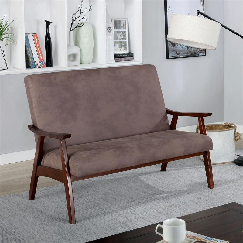 Bowery Hill Faux Leather Loveseat Bench in Brown Finish