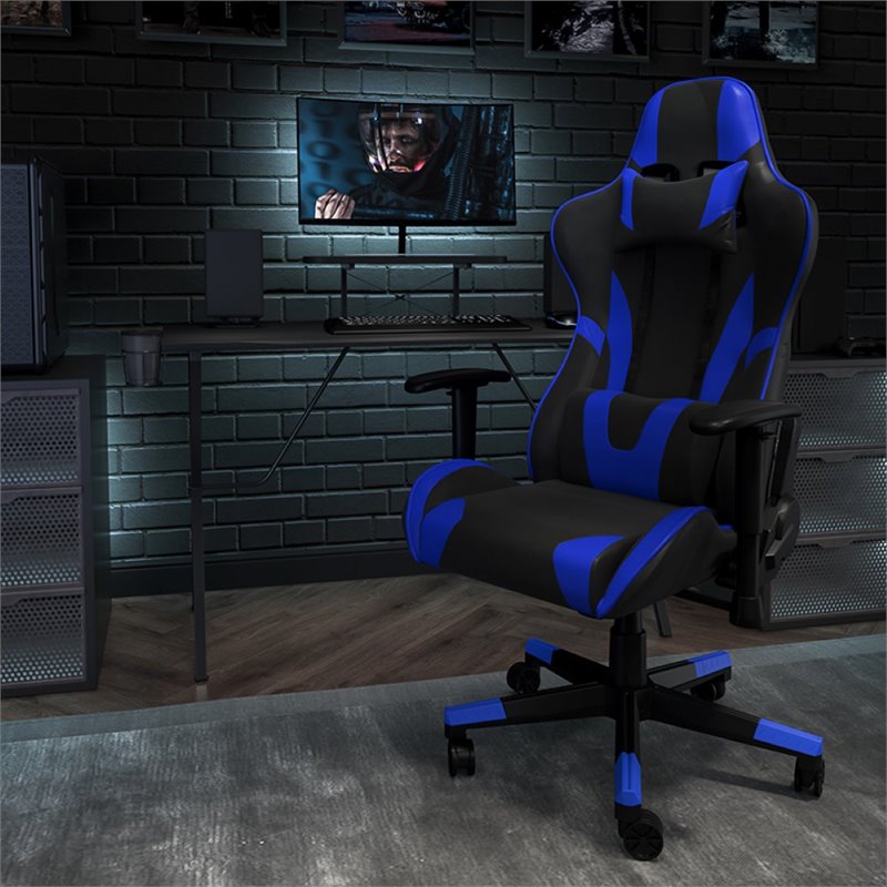 Bowery Hill Leather Reclining Gaming Chair in Black and Blue