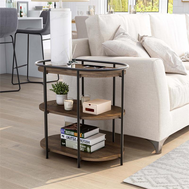 Bowery Hill Rustic Side Table with USB Ports Metal Matte Black 26 in