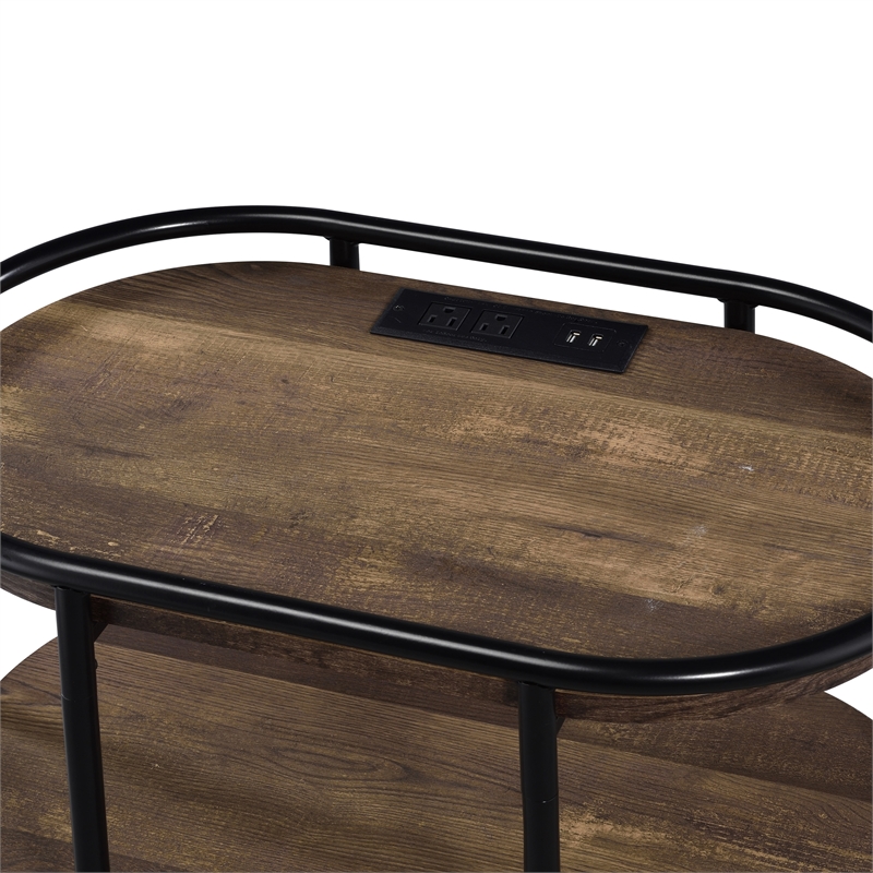 Bowery Hill Rustic Side Table with USB Ports Metal Matte Black 26 in
