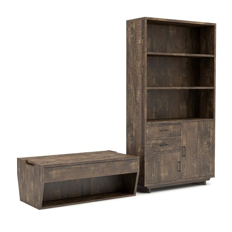 Bowery Hill 2-Piece Coffee Table and Bookcase Set in Reclaimed Oak