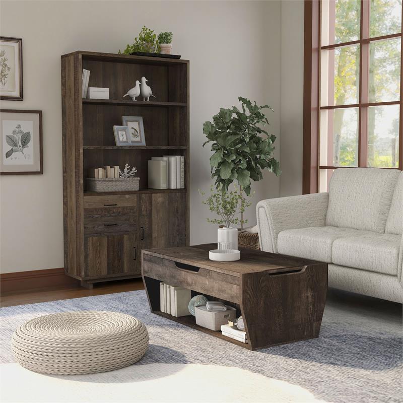 Bowery Hill 2-Piece Coffee Table and Bookcase Set in Reclaimed Oak