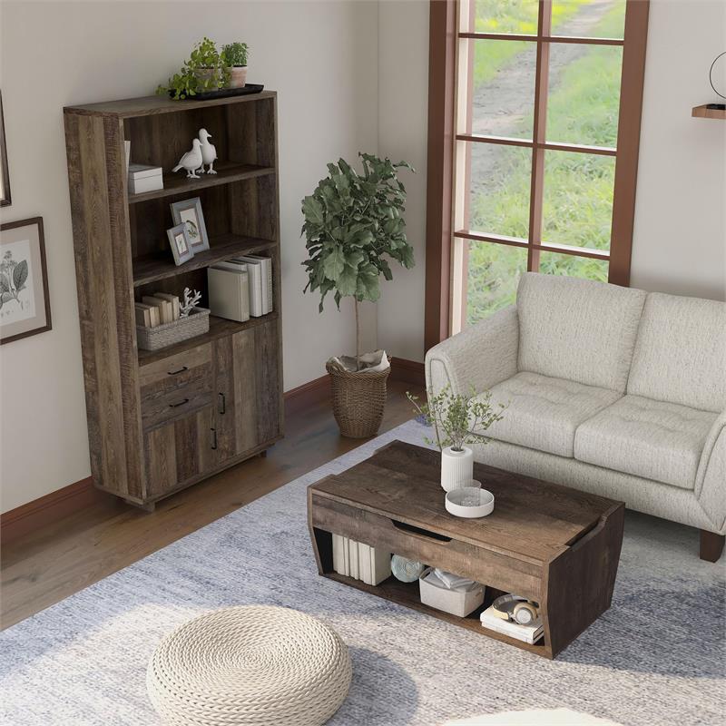 Bowery Hill 2-Piece Coffee Table and Bookcase Set in Reclaimed Oak