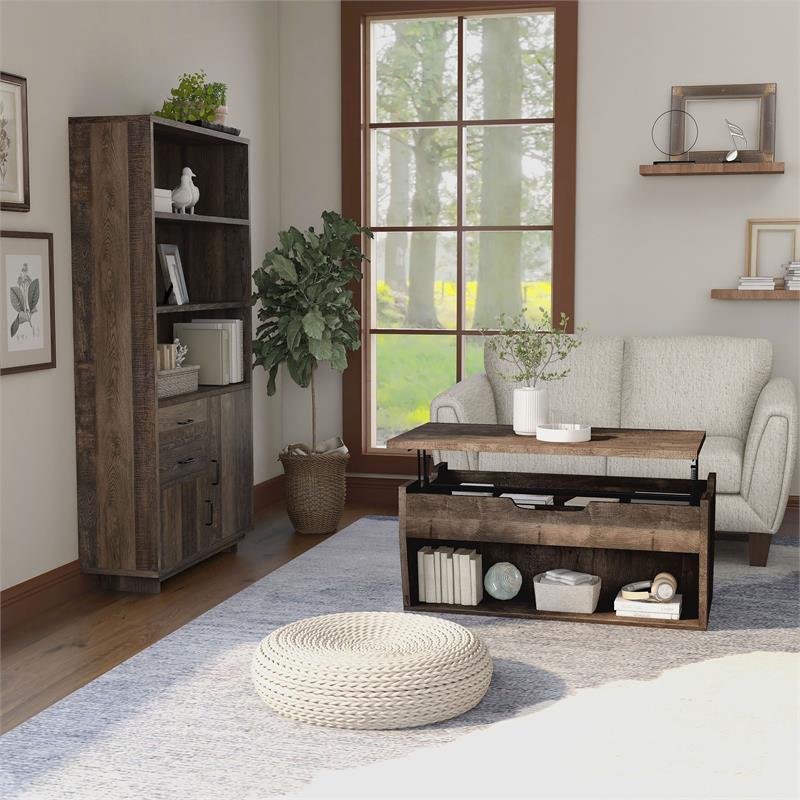 Bowery Hill 2-Piece Coffee Table and Bookcase Set in Reclaimed Oak