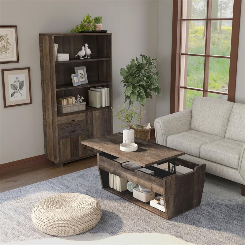 Bowery Hill 2-Piece Coffee Table and Bookcase Set in Reclaimed Oak