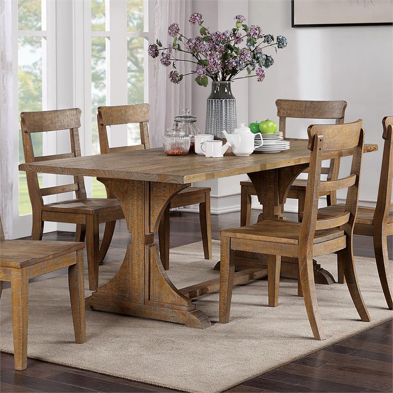 Bowery Hill Rustic Solid Wood Trestle Dining Table in Natural Tone