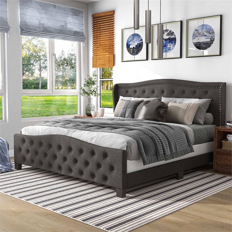 Bowery Hill Full Upholstered Button Tufted Fabric Bed in Dark Gray
