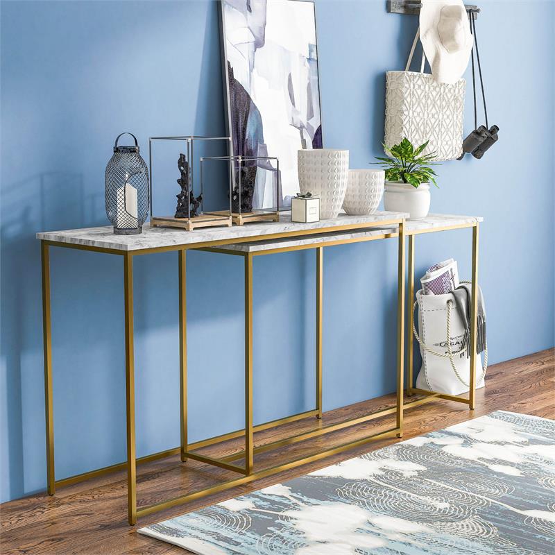 Bowery Hill Metal 2-Piece Nesting Sofa Table Set in Gold and White