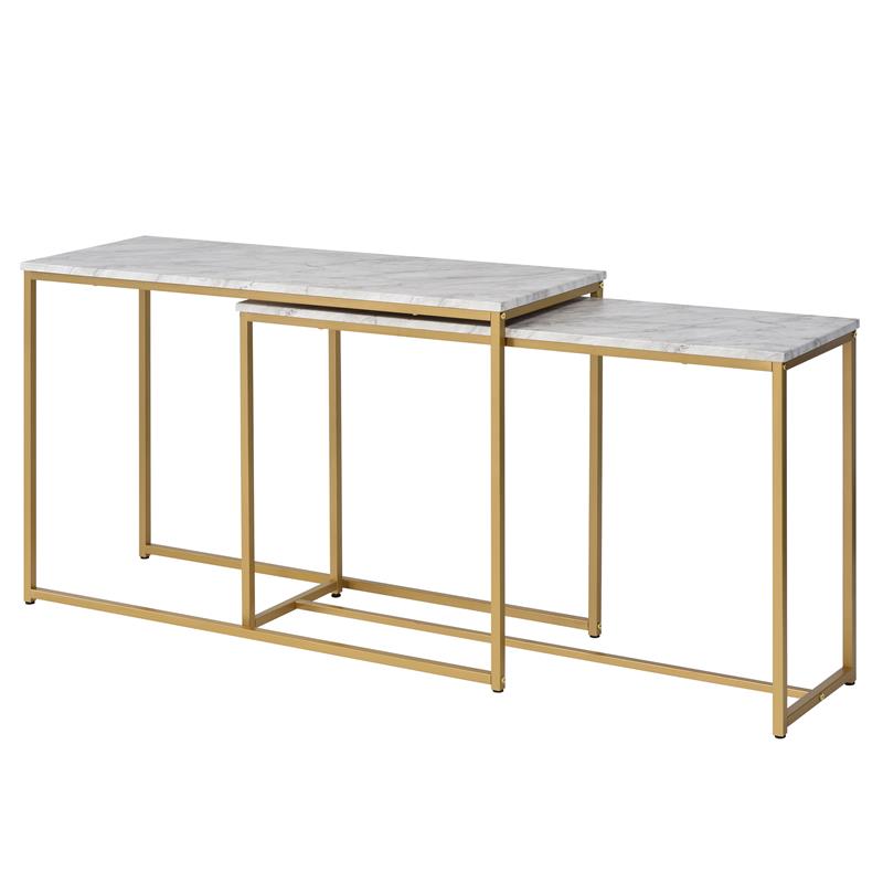 Bowery Hill Metal 2-Piece Nesting Sofa Table Set in Gold and White
