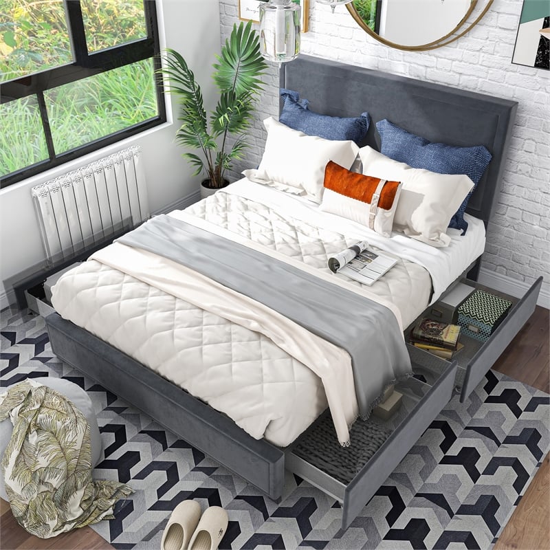 Bowery Hill Platform Fabric Full Bed with Drawers in Gray