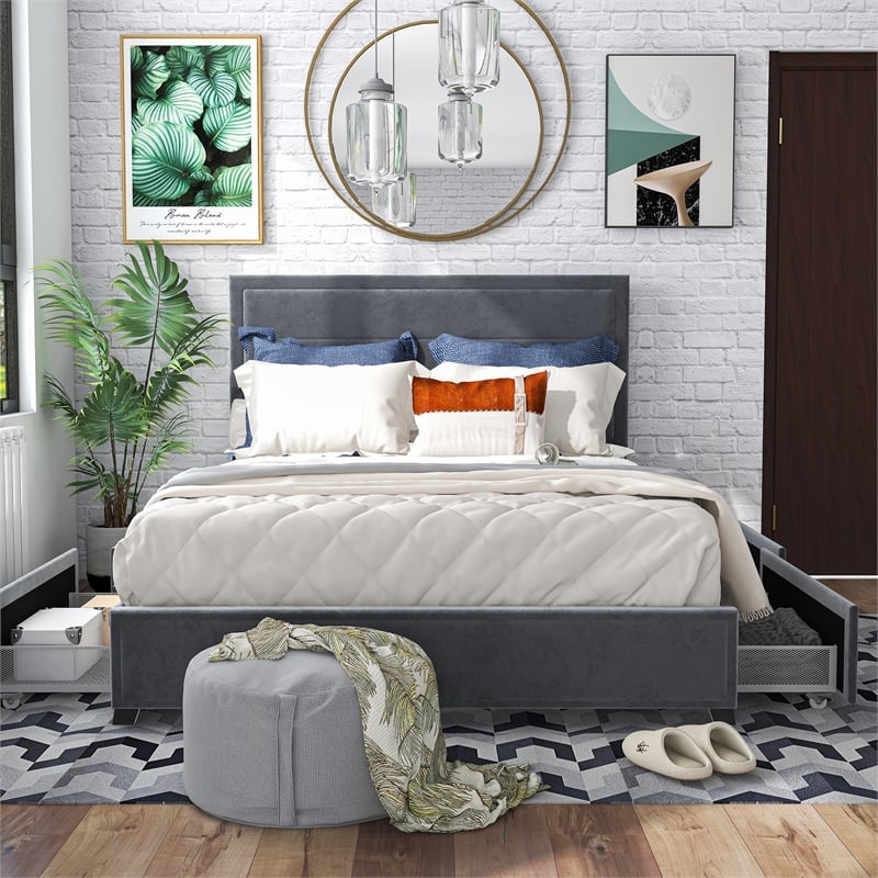 Bowery Hill Platform Fabric Full Bed with Drawers in Gray
