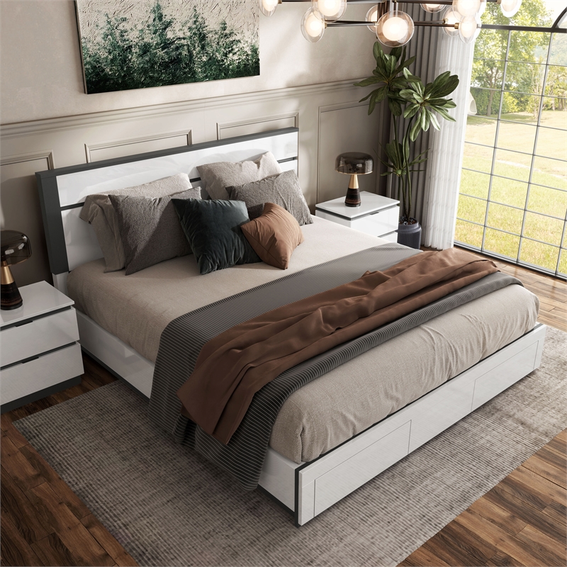 Bowery Hill Storage Queen Bed in White with Metallic Gray Accents