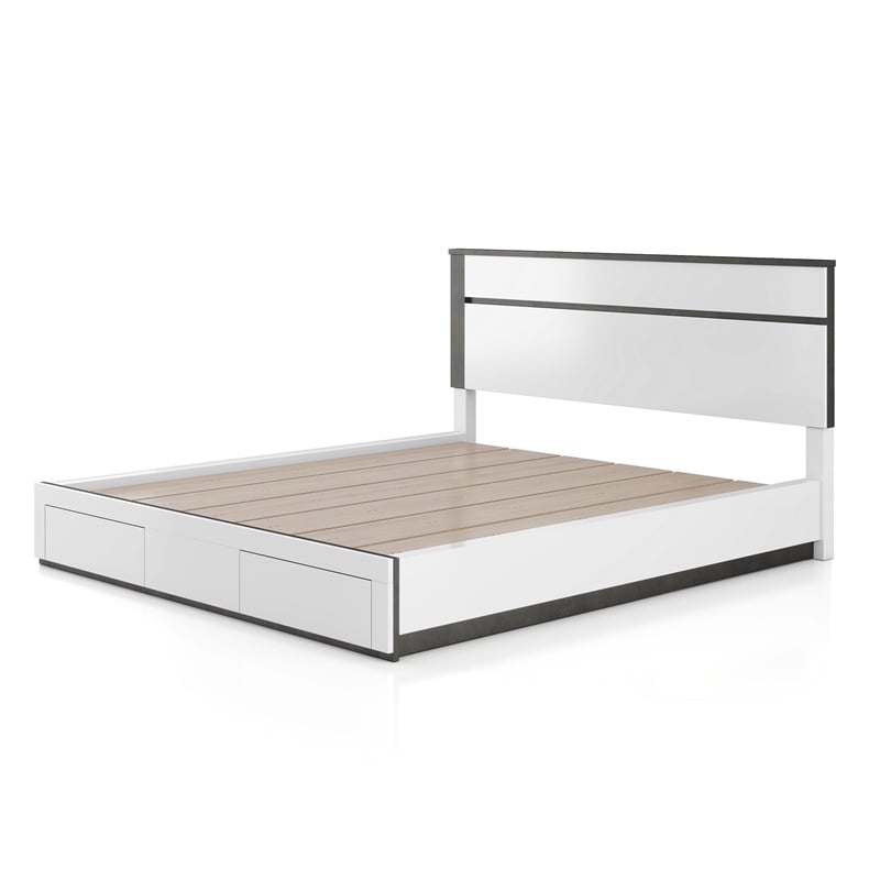 Bowery Hill Storage Queen Bed in White with Metallic Gray Accents