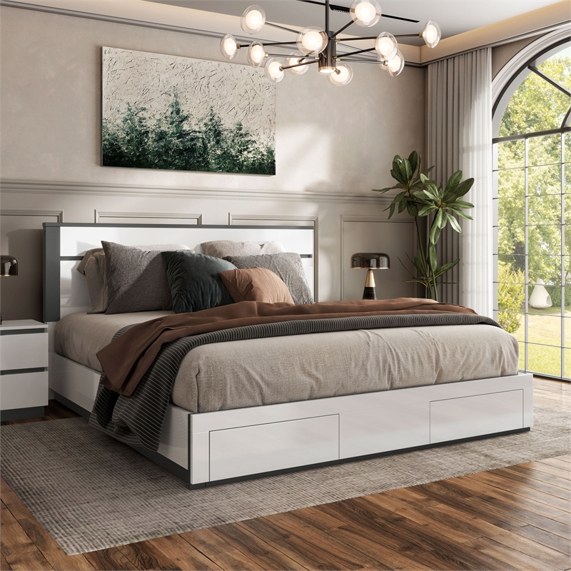 Bowery Hill Storage Queen Bed in White with Metallic Gray Accents