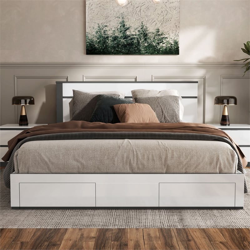 Bowery Hill Storage Queen Bed in White with Metallic Gray Accents