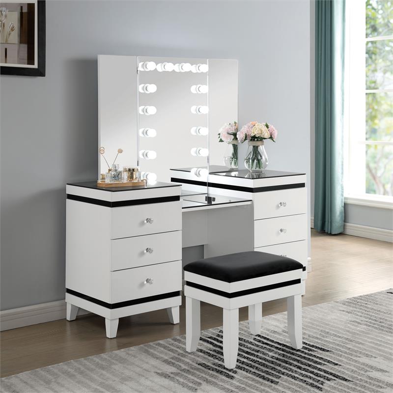 Bowery Hill 3-Piece Vanity Set with Mirror and Stool in White/Black