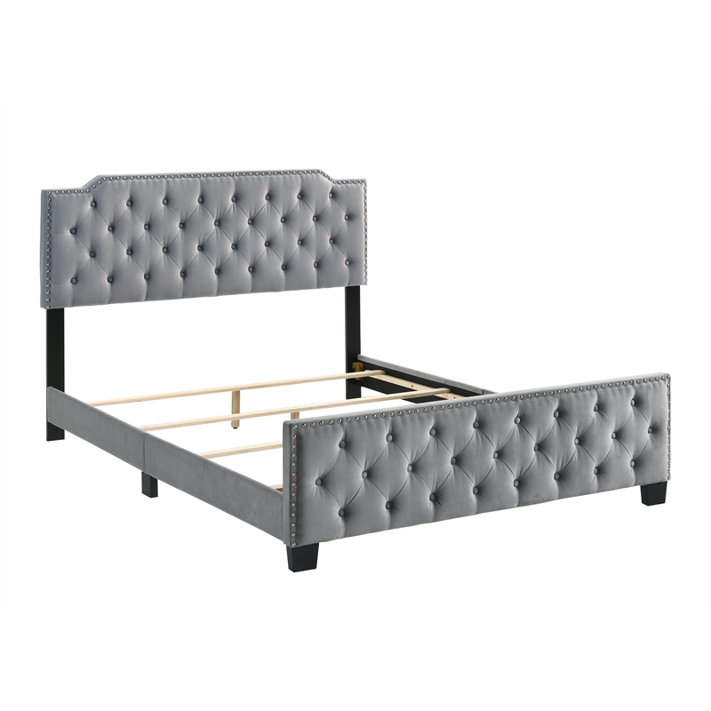 Bowery Hill Light Gray Button Tufted Full Bed with Wood Frame