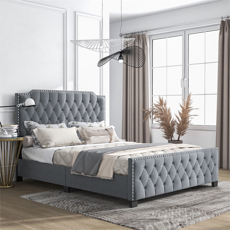 Bowery Hill Light Gray Button Tufted Full Bed with Wood Frame