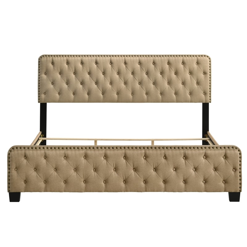 Bowery Hill Brown Button Tufted Queen Bed with Wood Frame