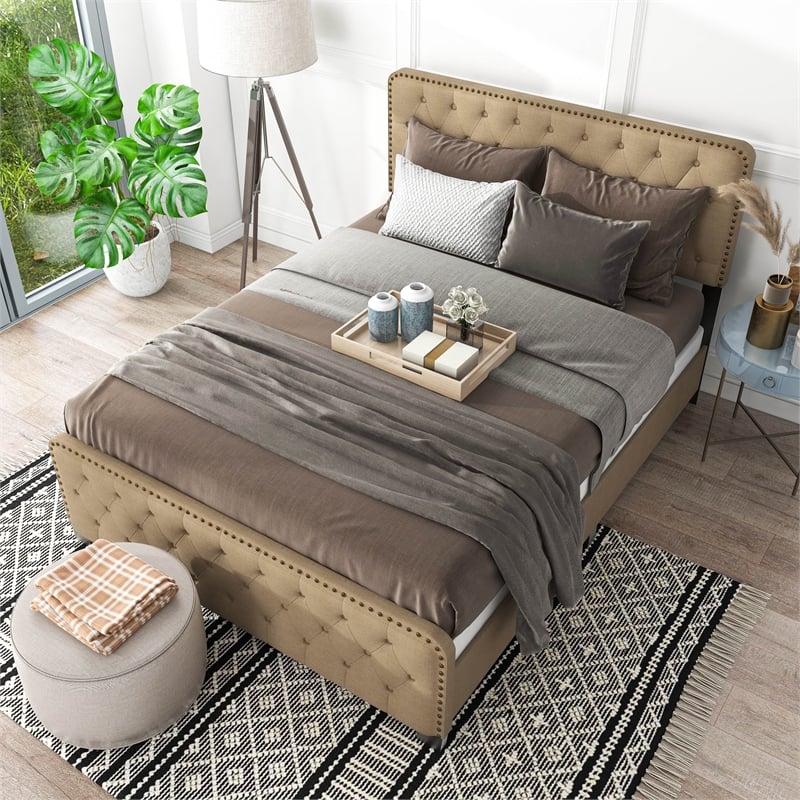 Bowery Hill Brown Button Tufted Queen Bed with Wood Frame