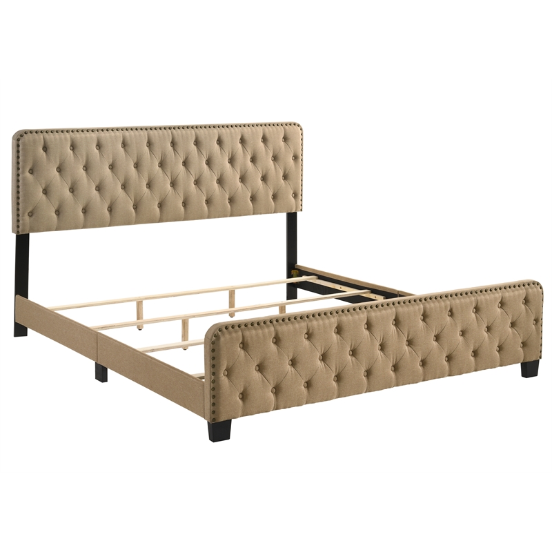 Bowery Hill King Upholstered Wood Bed with Button Tufted Design in Brown