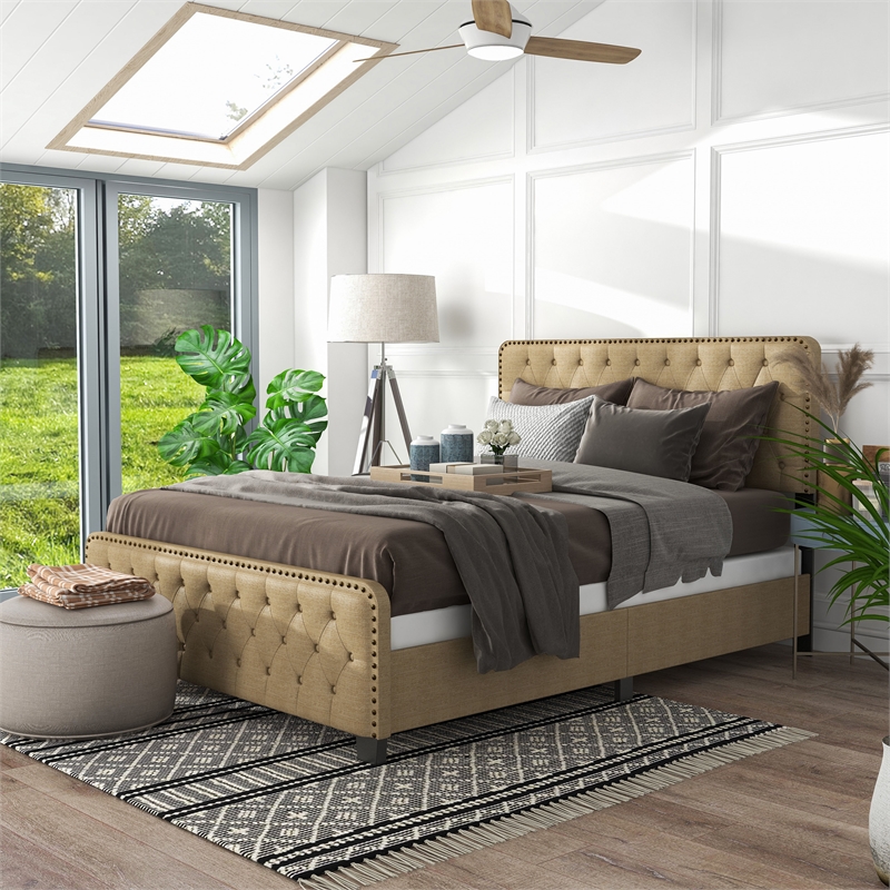 Bowery Hill King Upholstered Wood Bed with Button Tufted Design in Brown