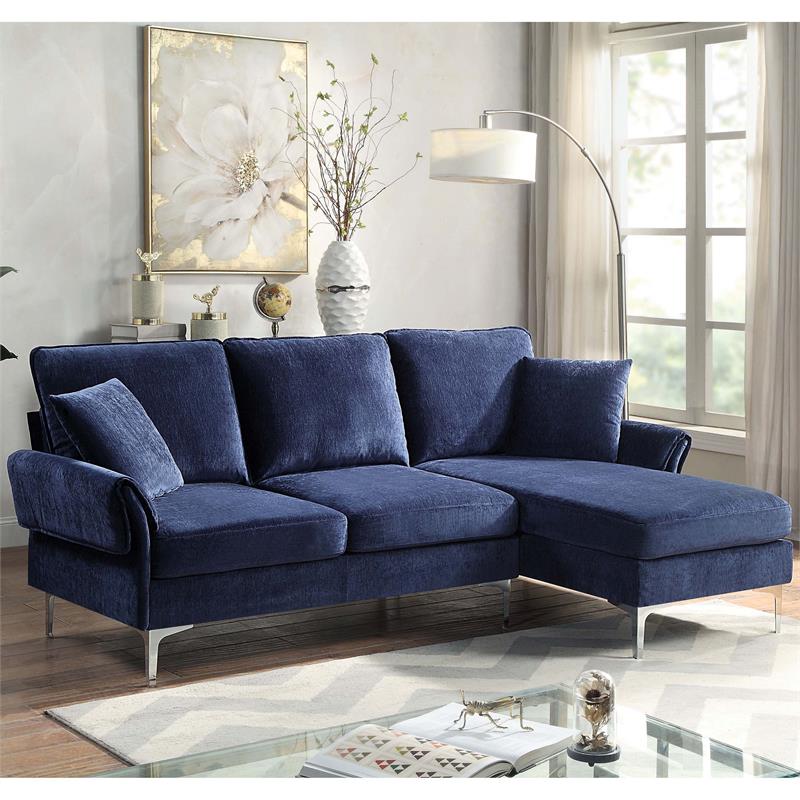 Bowery Hill Contemporary Chenille L-Shaped Sectional with Chrome Legs in Navy