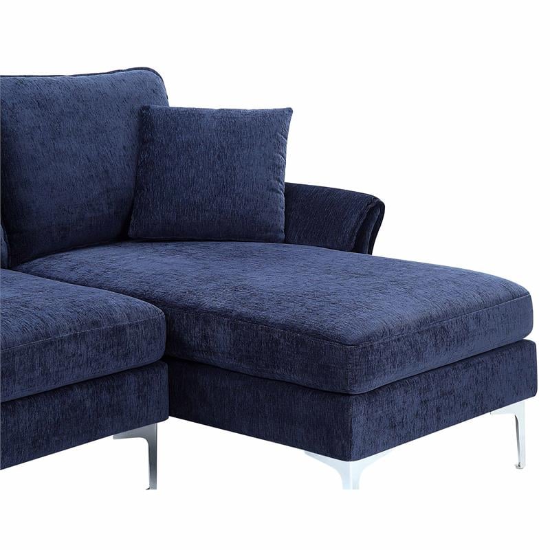 Bowery Hill Contemporary Chenille L-Shaped Sectional with Chrome Legs in Navy