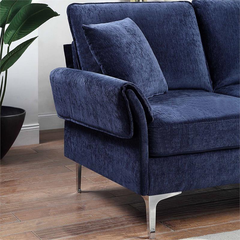 Bowery Hill Contemporary Chenille L-Shaped Sectional with Chrome Legs in Navy