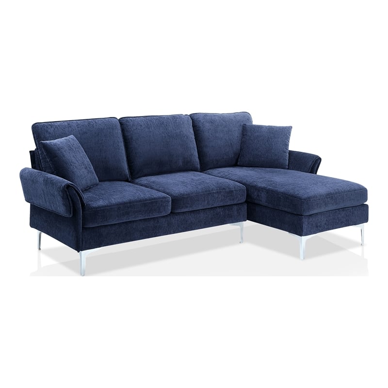 Bowery Hill Contemporary Chenille L-Shaped Sectional with Chrome Legs in Navy