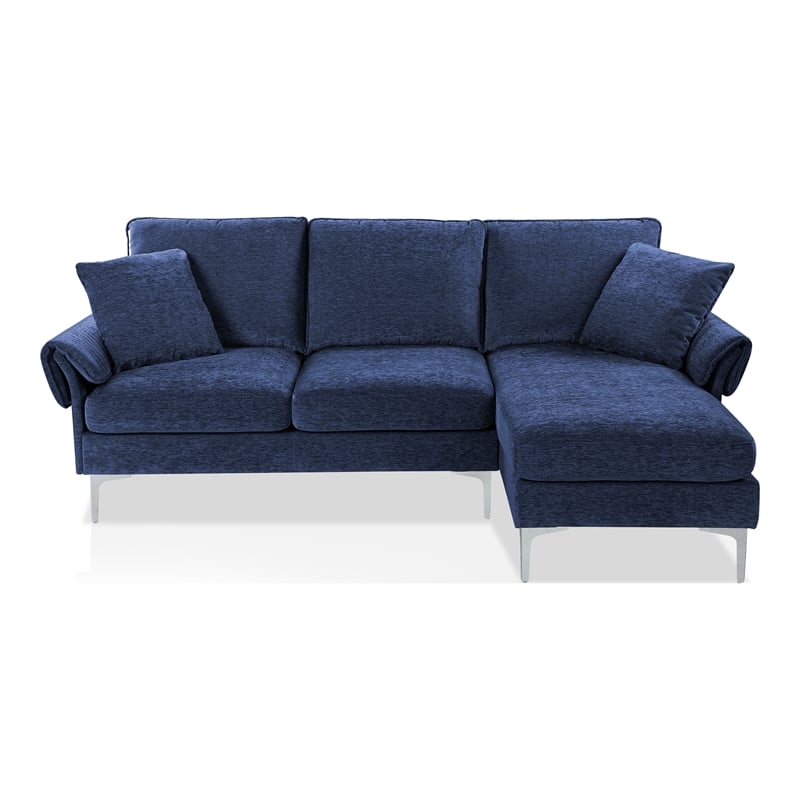 Bowery Hill Contemporary Chenille L-Shaped Sectional with Chrome Legs in Navy