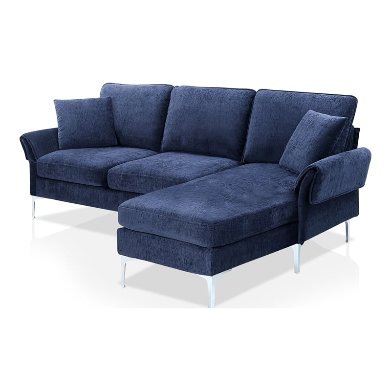 Bowery Hill Contemporary Chenille L-Shaped Sectional with Chrome Legs in Navy