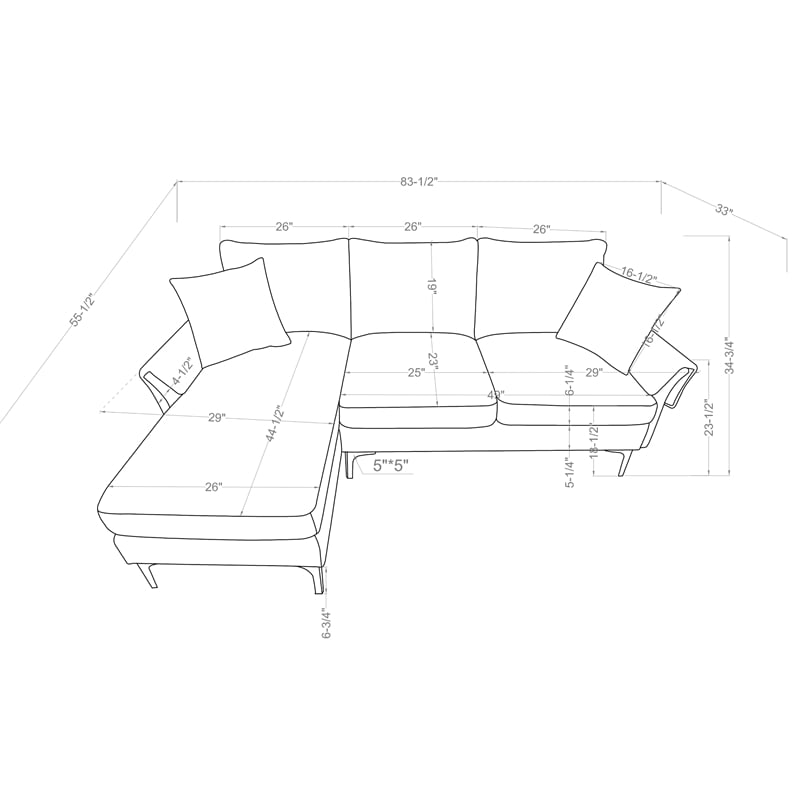 Bowery Hill Contemporary Chenille L-Shaped Sectional with Chrome Legs in Navy