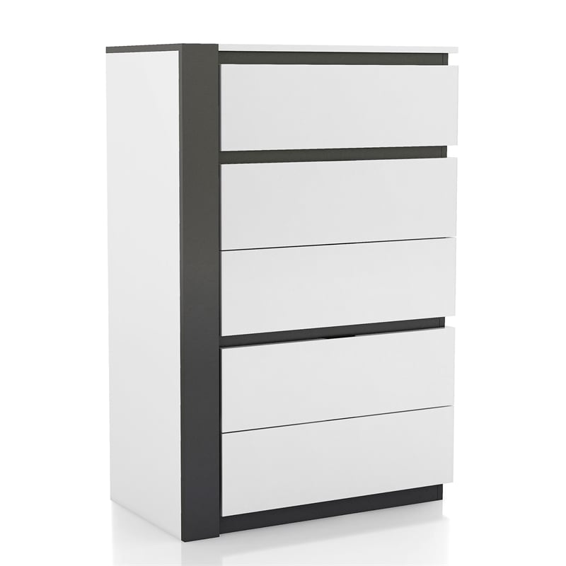 Bowery Hill Contemporary 5-Drawer Solid Wood Chest in White with Metallic Gray