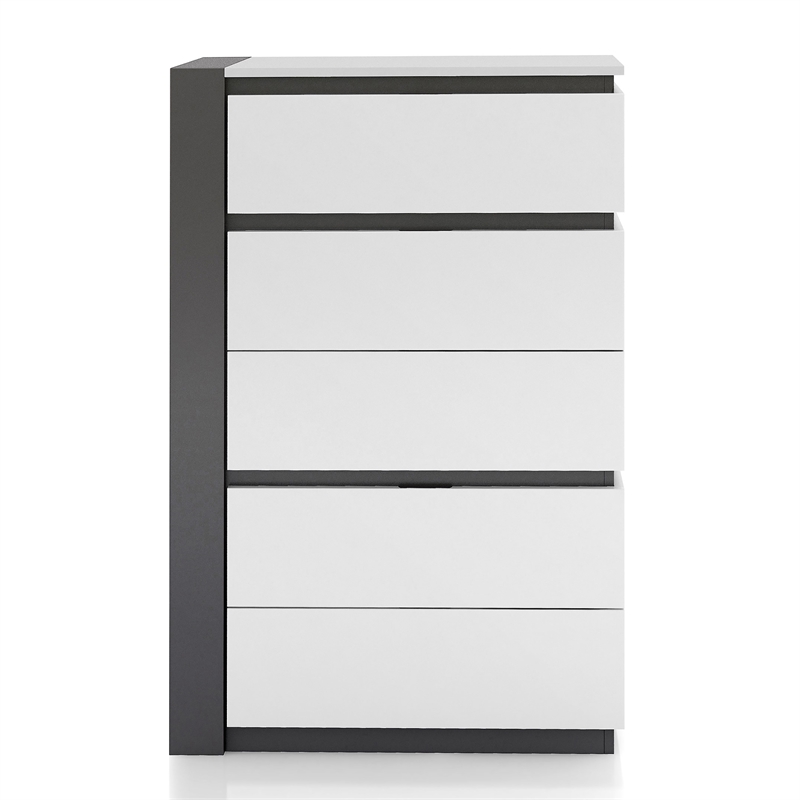 Bowery Hill Contemporary 5-Drawer Solid Wood Chest in White with Metallic Gray