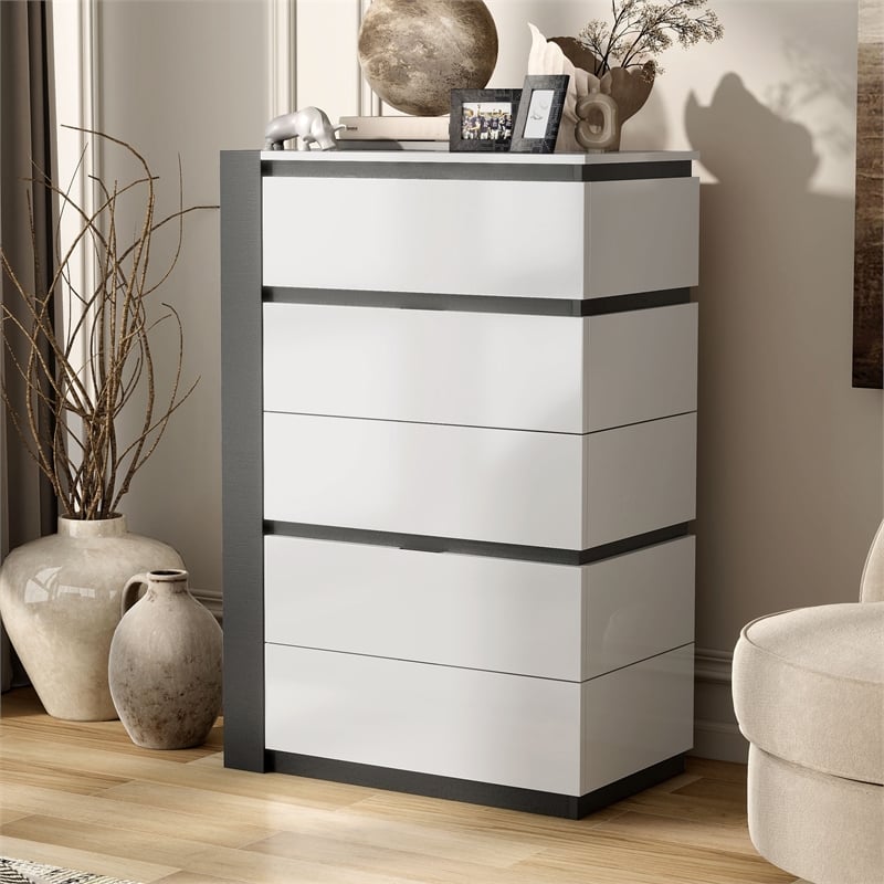 Bowery Hill Contemporary 5-Drawer Solid Wood Chest in White with Metallic Gray