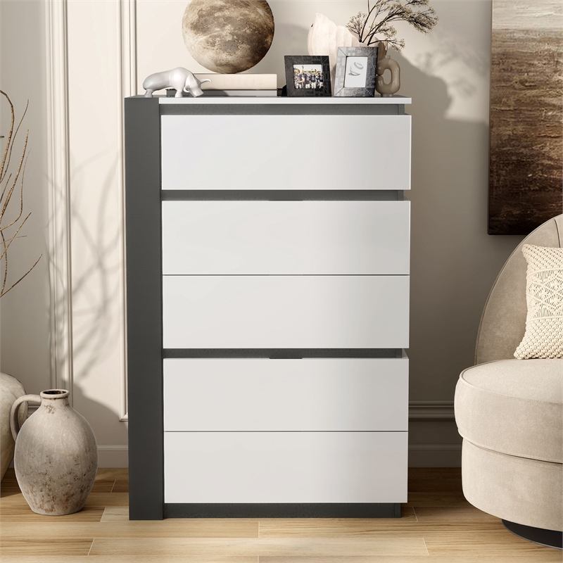 Bowery Hill Contemporary 5-Drawer Solid Wood Chest in White with Metallic Gray